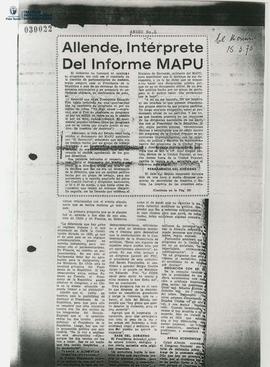 Fotocopia de recorte de prensa de El Mercurio, "Allende, intérprete del informe MAPU"