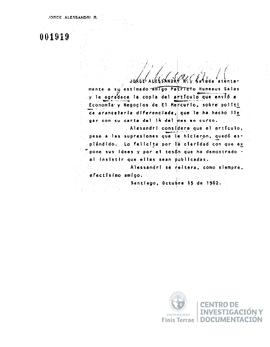 Carta de Jorge Alessandri Rodriguez a Patricio Huneeus Salas en la que le agradece la copia del a...