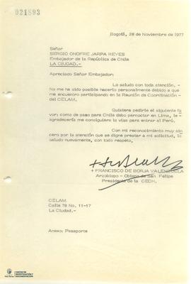 Carta firmada de Francisco de Borja Valenzuela a Sergio Onofre Jarpa