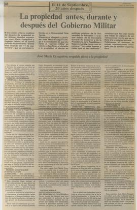 Recorte de prensa de La Segunda con artículo de José María Eyzaguirre, titulado "La propieda...