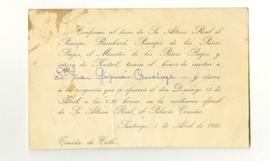 Tarjeta de invitación a recepción del Príncipe Bernhard en el Palacio Cousiño para Juan Guzmán Cr...
