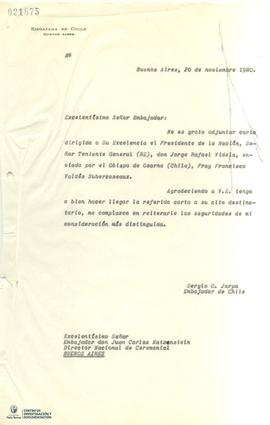 Carta del Embajador Juan Carlos Katzenstein a Sergio Onofre Jarpa