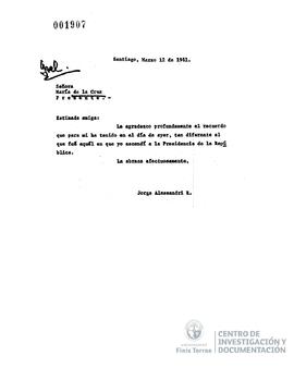 Carta de agradecimiento firmada por Jorge Alessandri Rodríguez a María de la Cruz