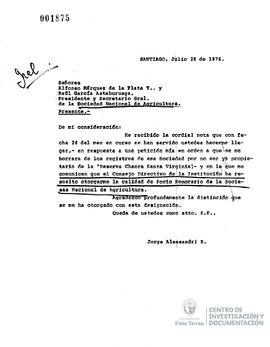Carta de Jorge Alessandri a la Directiva de la Sociedad Nacional de Agricultura