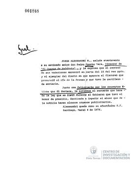 Carta de Jorge Alessandri a Pedro Oporto Vera
