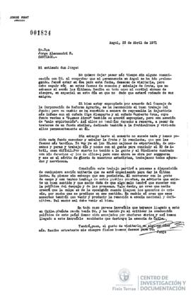 Carta de Jorge Alessandri a Hernán Díaz Arrieta