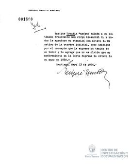 Carta de Enrique Urrutia Manzano a Jorge Alessandri
