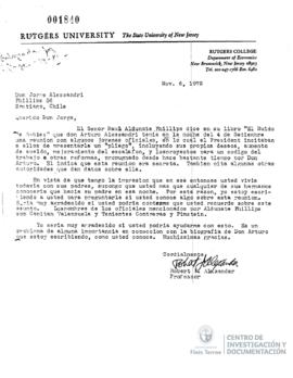 Carta firmada de Robert J. Alexander a Jorge Alessandri