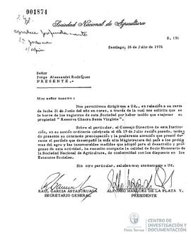 Carta firmada de la dirección de la Sociedad Nacional de Agricultura a Jorge Alessandri