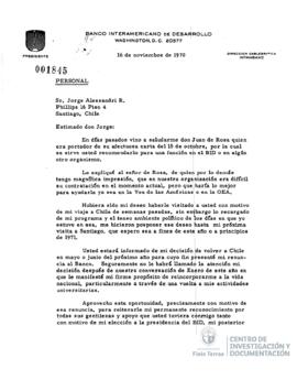 Carta firmada de Felipe Herrera a Jorge Alessandri