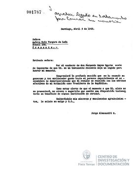 Carta de Jorge Alessandri a Rebeca Ruiz Vergara de León