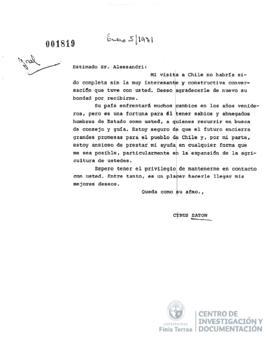 Carta firmada de Cyrus Eaton a Jorge Alessandri con copia traducida al español