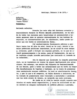 Carta de Jorge Alessandri a Gladys Díaz