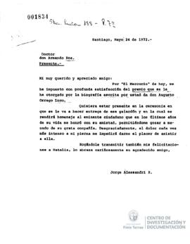 Carta de Jorge Alessandri a Hermógenes Pérez de Arce