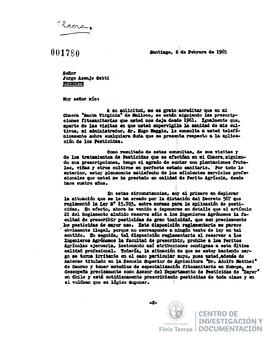 Carta sin firma de Jorge Alessandri Rodríguez a Jorge Asenjo Gatti con motivo del seguimiento de ...
