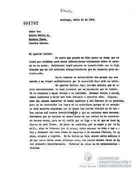 Carta Firmada de Jorge Alessandri a Walter Muller H.