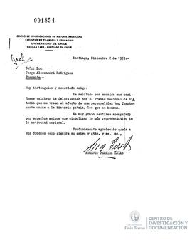 Carta firmada de Eugenio Pereira Salas a Jorge Alessandri