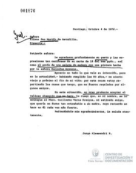 Carta de Jorge Alessandri a Eliana San Martín de Astudillo