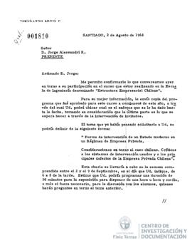 Carta firmada de Fernando Leniz C. a Jorge Alessandri