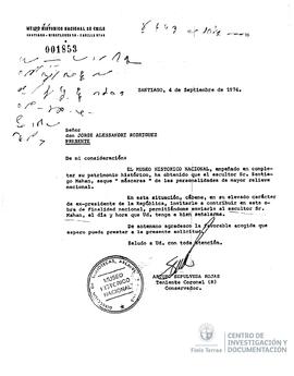 Carta firmada de Arturo Sepúlveda Rojas a Jorge Alessandri
