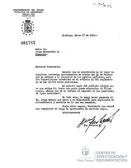 Carta firmada de Ruy Barbosa P. a Jorge Alessandri con documentos adjuntos