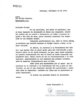 Carta de Jorge Alessandri a Felipe Herrera