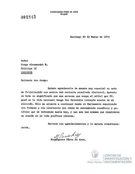 Carta firmada de Hermógenes Pérez de Arce a Jorge Alessandri