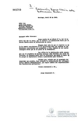 Carta de Jorge Alessandri a Jaime Ross Bravo con fotocopia de prensa adjunta.