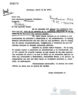 Carta de Jorge Alessandri a Juan Bautista Rossetti Colombino