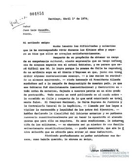 Carta de Jorge Alessandri a Juan Luis Cousiño