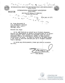 Carta de Jorge Alessandri al Dr. Pinochet, presidente de la Asamblea Radical de Quintero