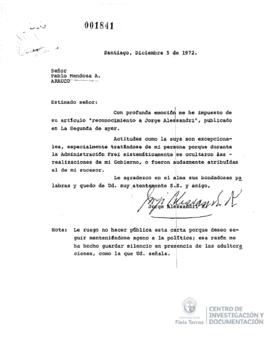 Carta firmada de Jorge Alessandri a Pablo Mendoza A.