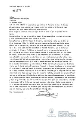 Carta firmada de Patricio Huneeus Salas a Gabriela Matte Domeyko en la que autoriza la utilizació...