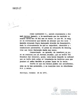Carta de Jorge Alessandri a Raúl Molina Ramwell