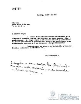 Carta de Jorge Alessandri a Manuel Eriza de la Vega con nota escrita