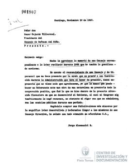 Carta de Jorge Alessandri a Oscar Gajardo Villaroel