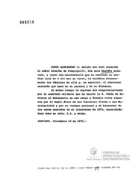 Carta de Jorge Alessandri a Luis Emaldía Alvarado