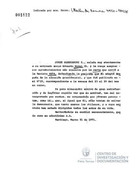Carta de Jorge Alessandri a Eduardo Morel Ch.