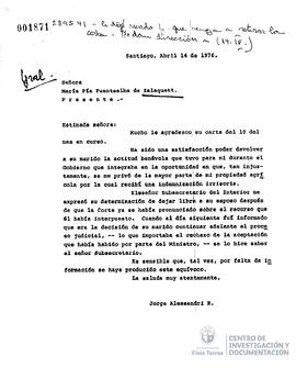 Carta de Jorge Alessandri a María Pía Fuentealba de Zalaquett